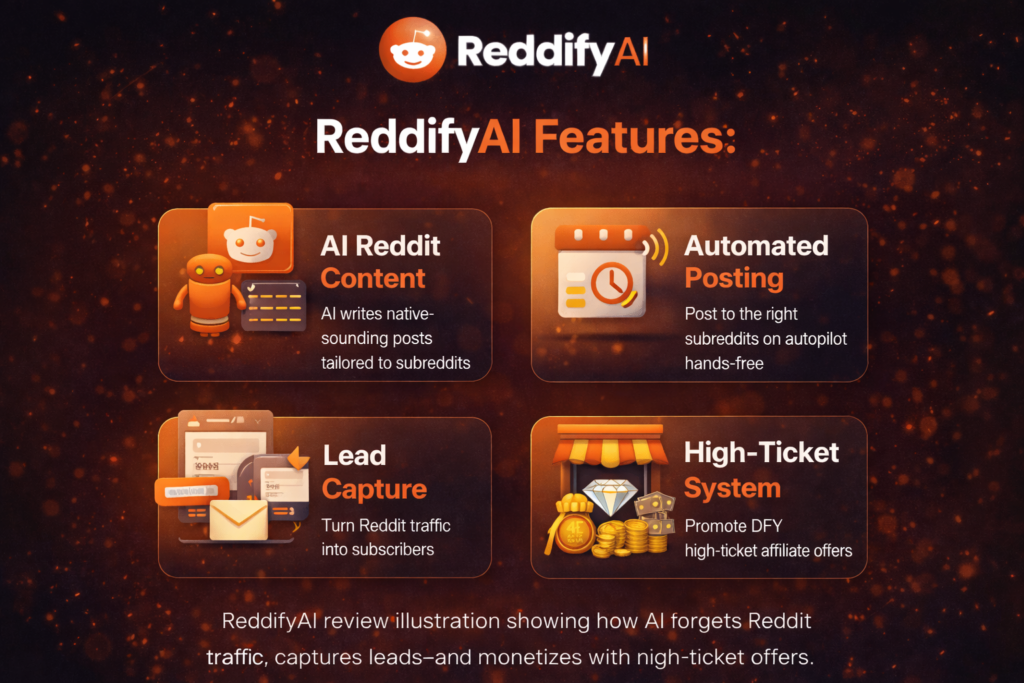 ReddifyAI review features showing AI Reddit content creation, automated posting, lead capture, and high-ticket monetization