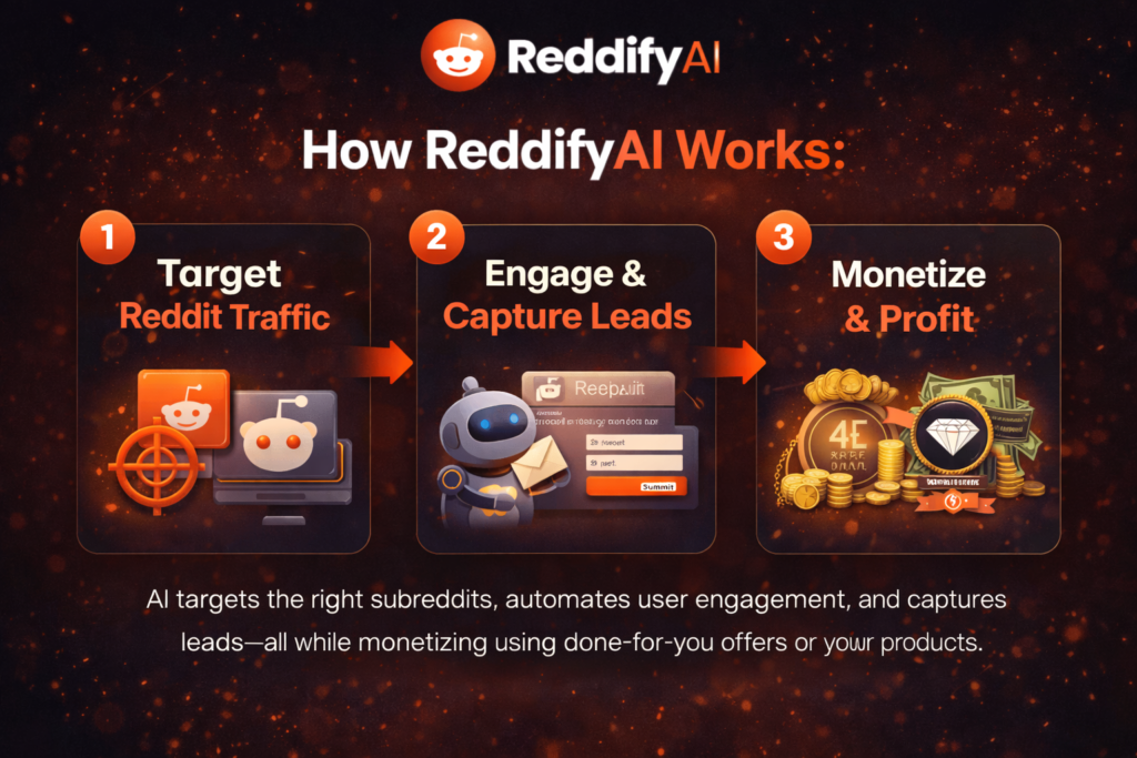 ReddifyAI review illustration showing how AI targets Reddit traffic, captures leads, and monetizes with high-ticket offers