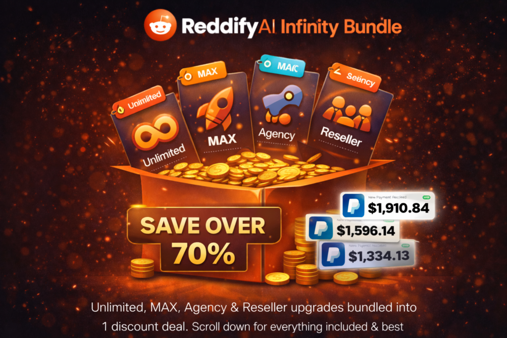 ReddifyAI review infinity bundle showing Unlimited, MAX, Agency, and Reseller upgrades with bundled savings